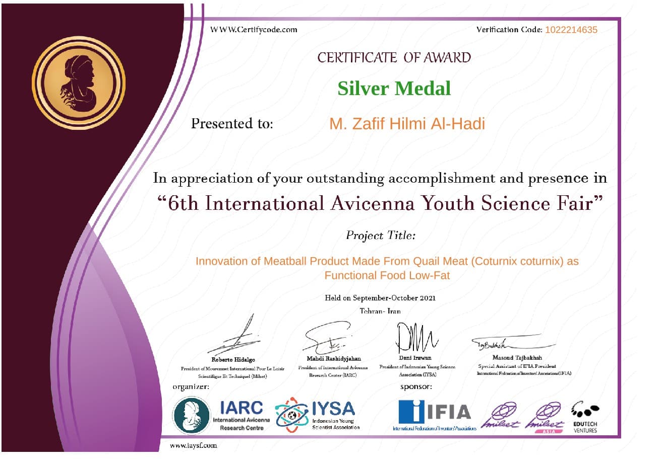 Medali Perak - 6th International Avicenna Youth Science Fair (IAYSF) 2021 thumbnail