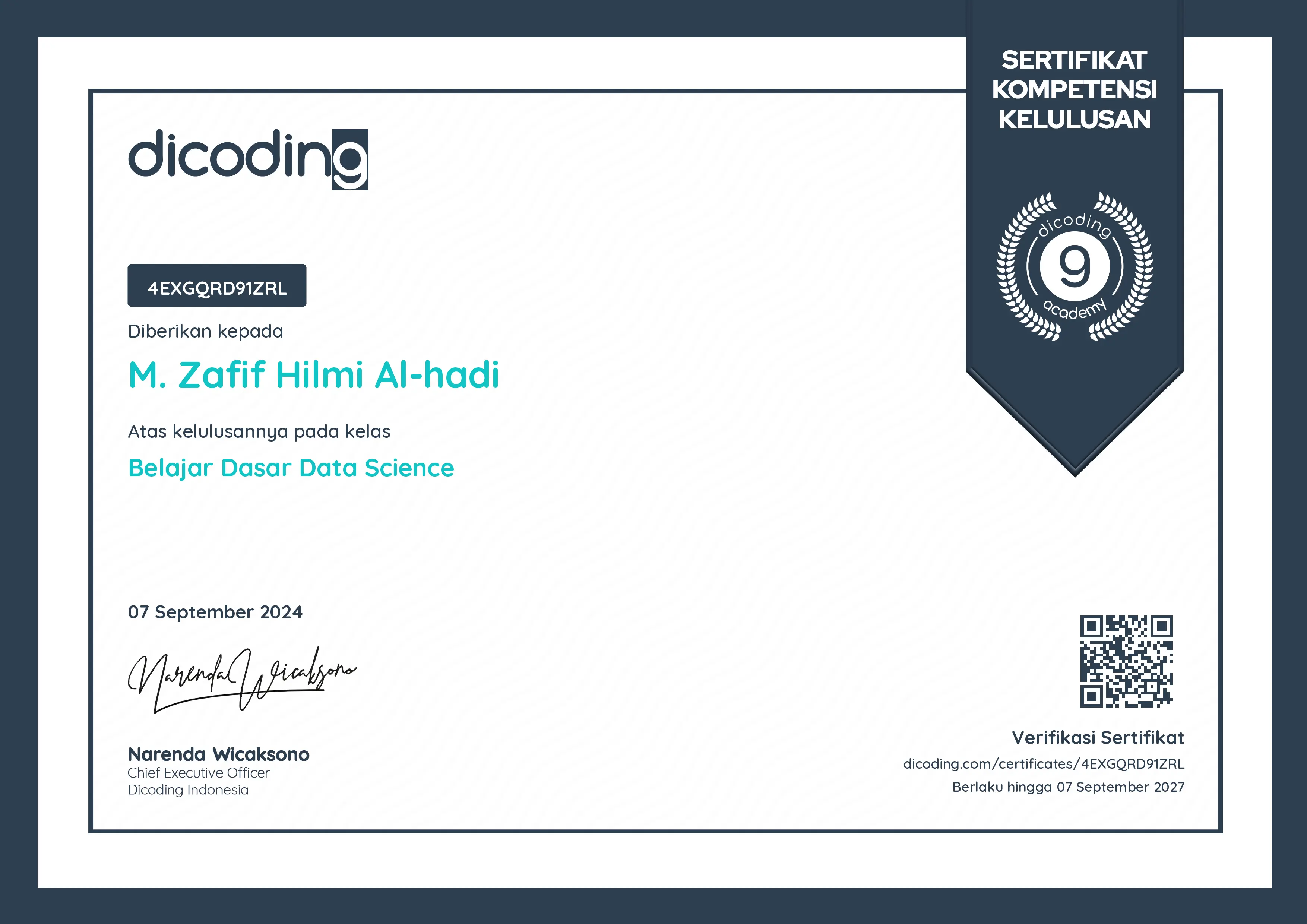 Belajar Dasar Data Science certificate