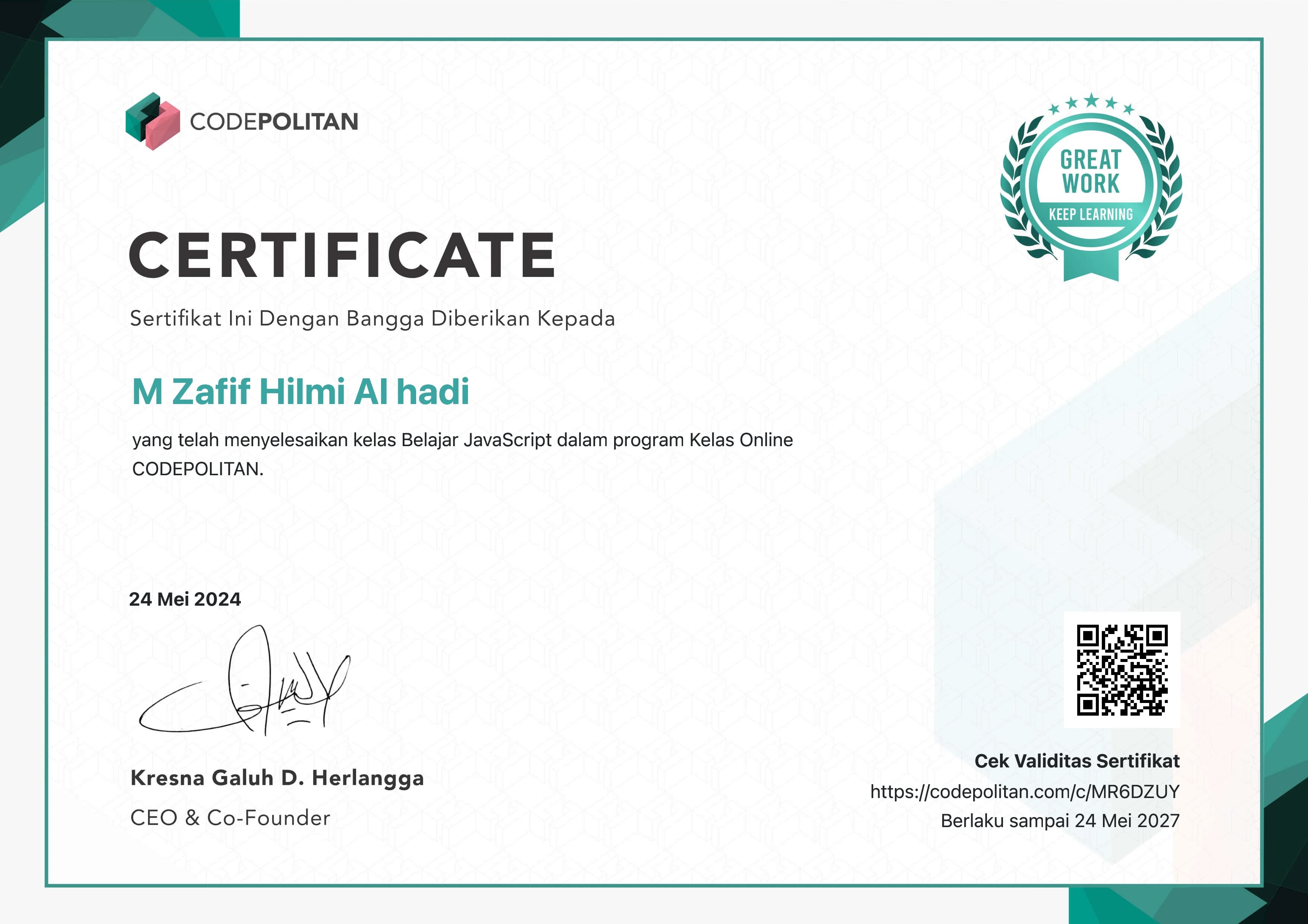 Kelas Belajar JavaScript certificate