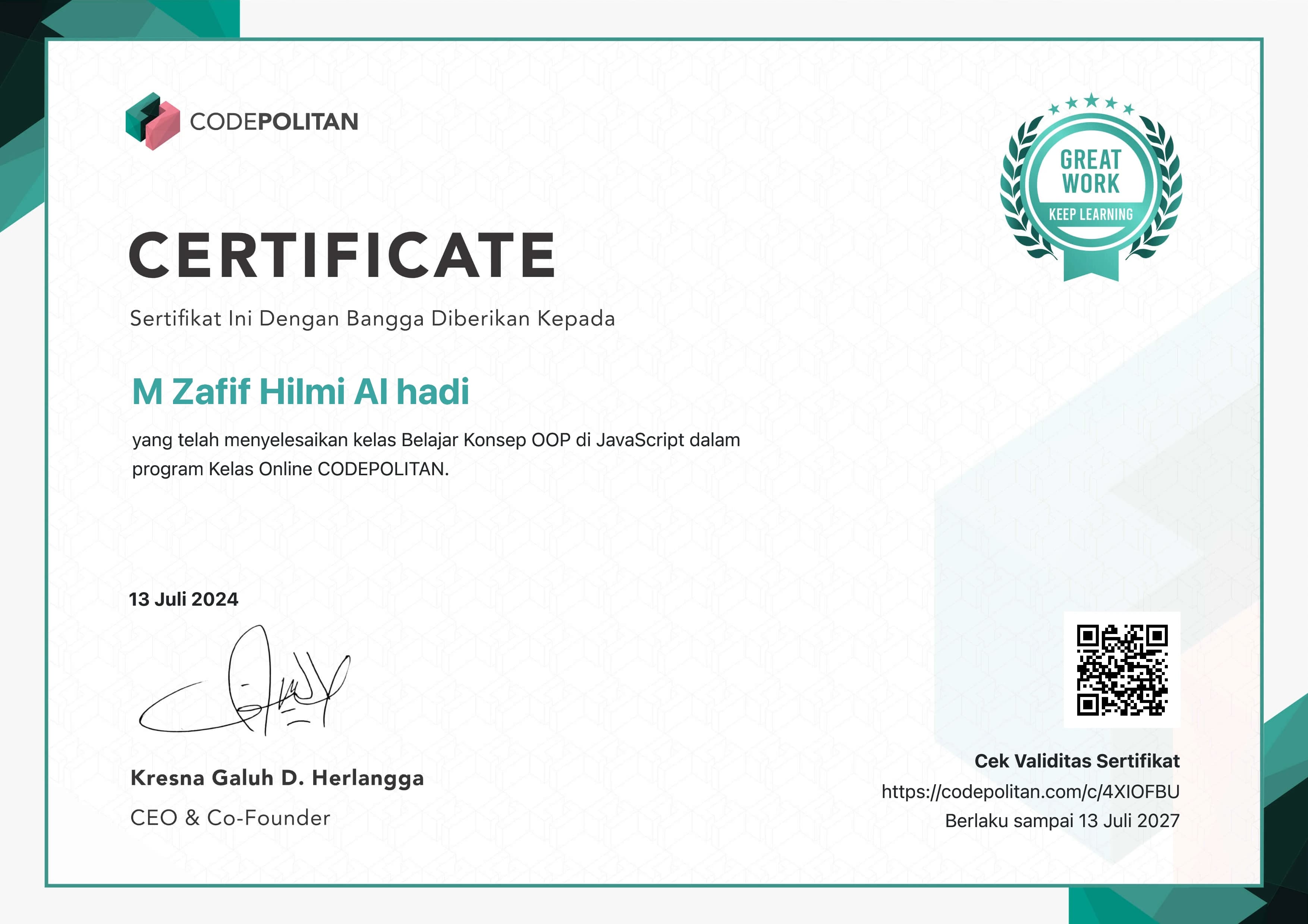 Kelas Belajar Konsep OOP di JavaScript certificate